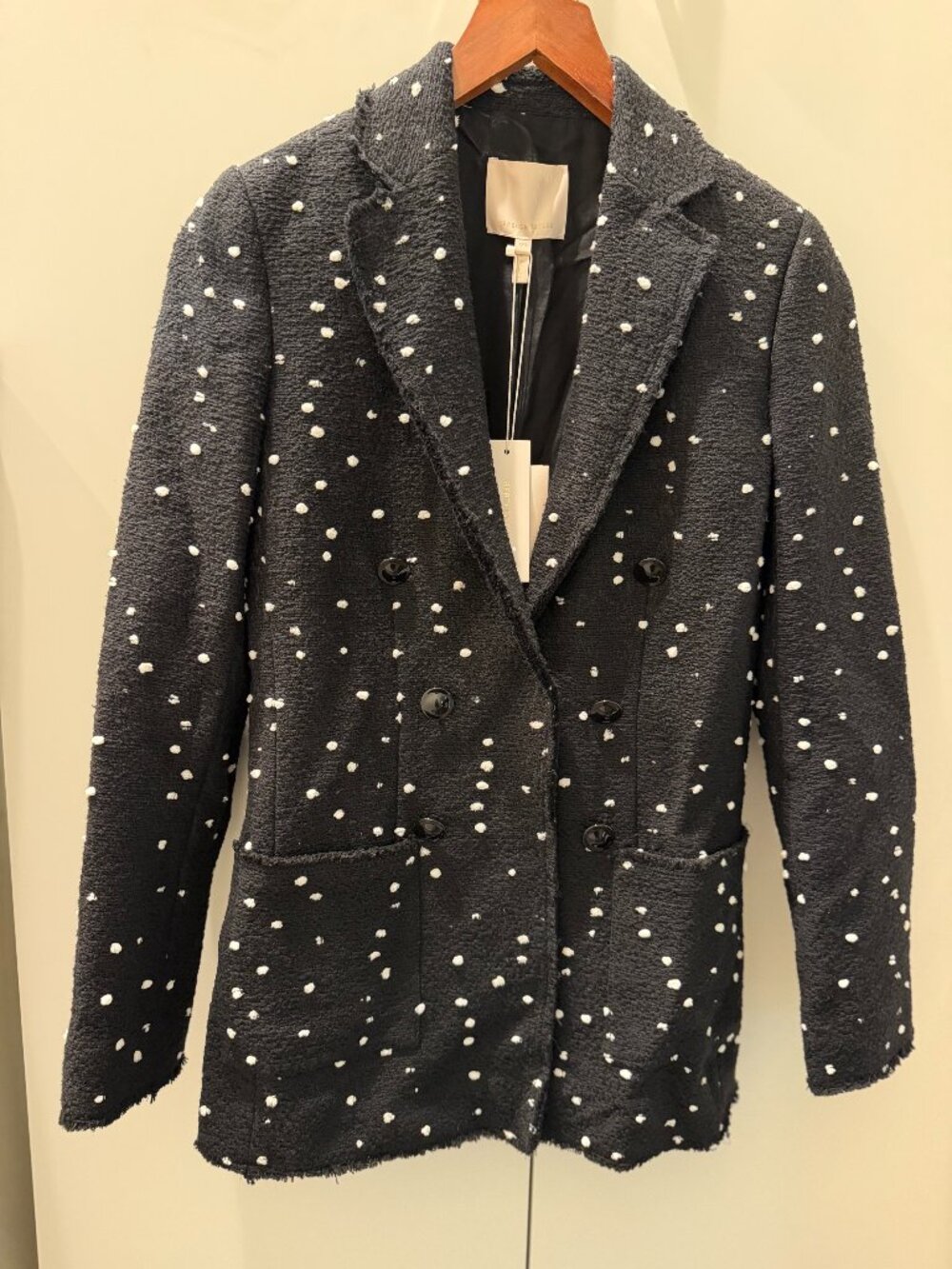 NWT Rebecca Taylor Double-Breasted Tweed Blazer Black White Dot Size 00
